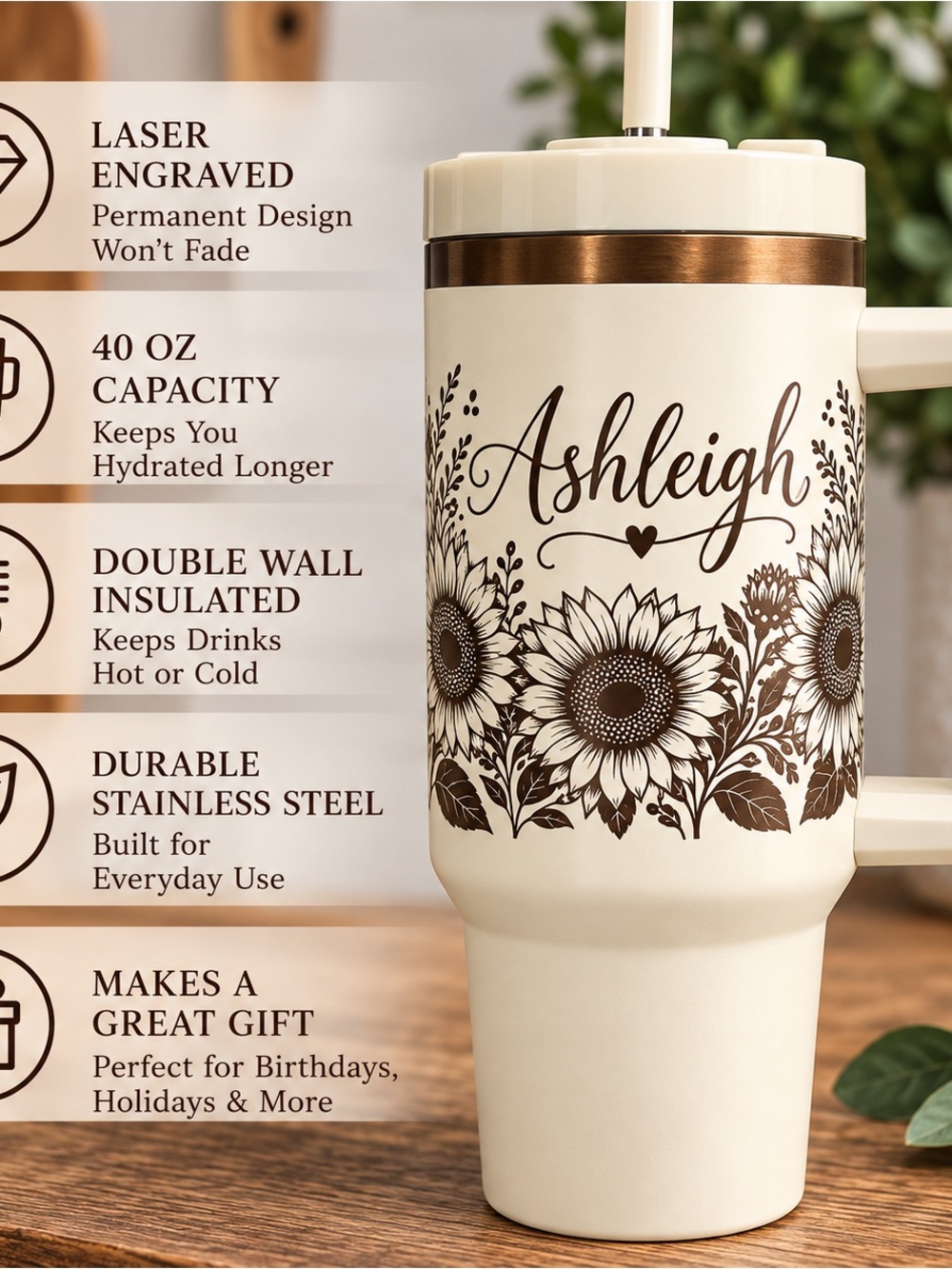 Personalized Cream Sunflower Travel Tumbler with Handle - Picture 5 of 6